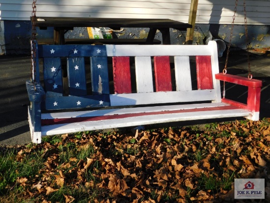 Outdoor wooden red, white & blue hanging swing