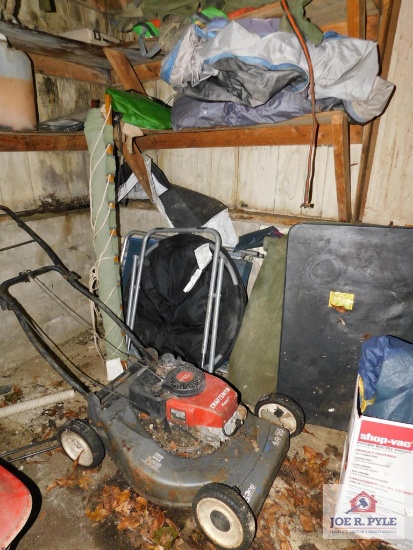 Craftsman mower & 3 shelves in corner pictured as well as everything under the shelves - hammock,