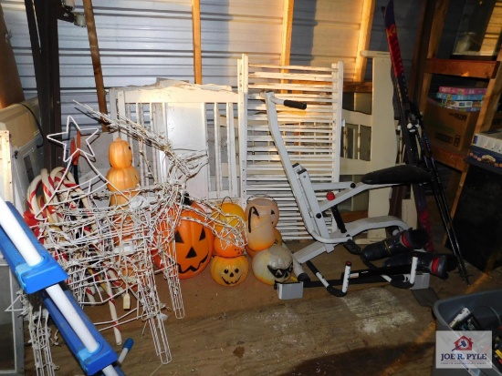 Work out equipment, crib, plastic pumpkins, outdoor Christmas reindeer, yard ornaments & pool entry