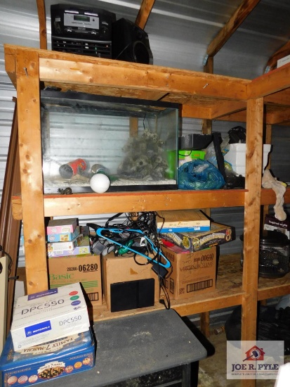 Content of all 3 shelves including large aquarium, children's clothing in very good condition, toys,