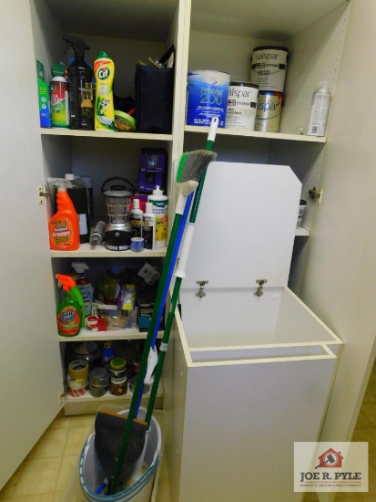 Small white cabinet, contents of cabinets: cleaners, light bulbs, lantern