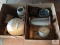 Two boxes vintage clocks, pottery, etc.