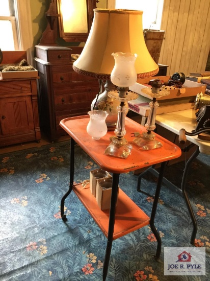 Orange metal cart and glass dresser lamps