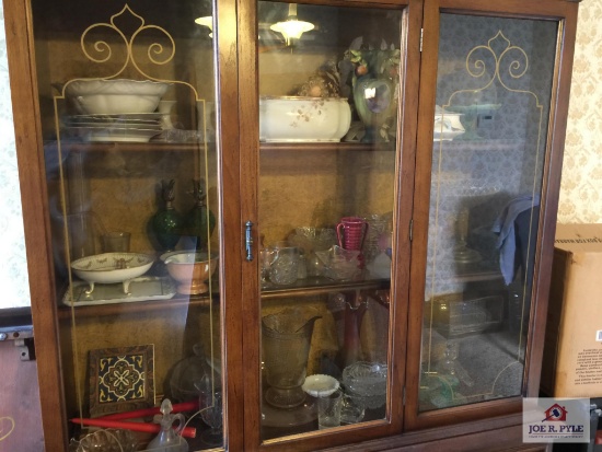 Contents of china cabinet: depression glass, antique porcelain, etc.