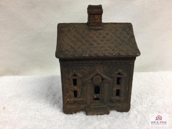 Antique cast iron house bank 2" x 2 1/2" x 2 7/8"