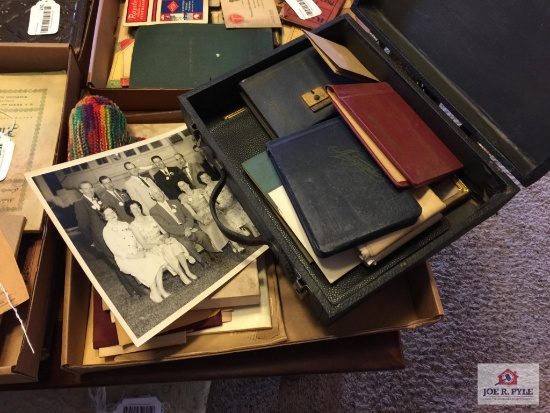 Tray 1940's family autograph books, photos, etc.