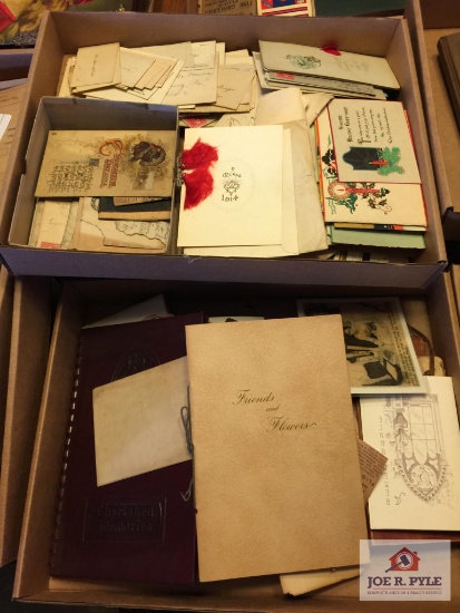 Two trays of early paper: post cards, calling cards, letters, etc.