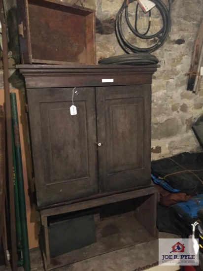 Two door cupboard, wood drawer, and shipping crate