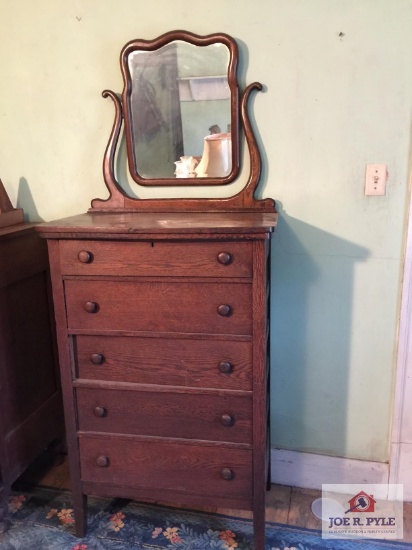 Five drawer oak highboy dresser with mirror