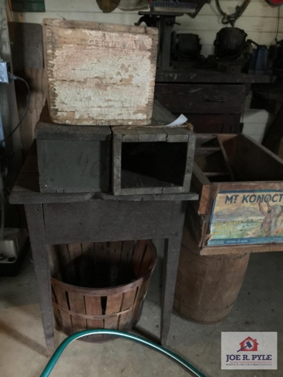 Lot antique wood boxes, basket, nail keg, and wood table