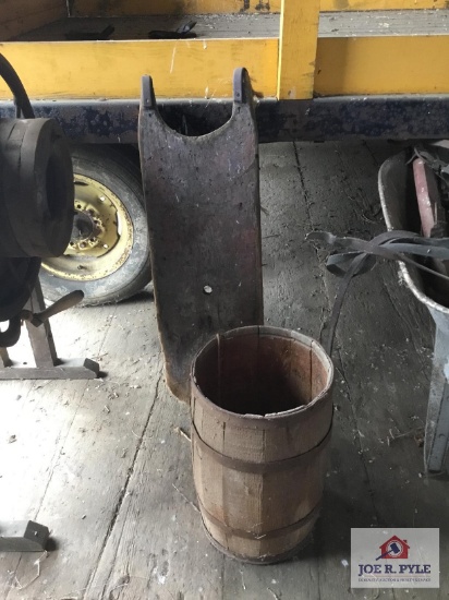 Antique wood sled and nail keg