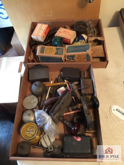 Two tray lots of misc.: match safe, door knobs, store counter bells, etc.