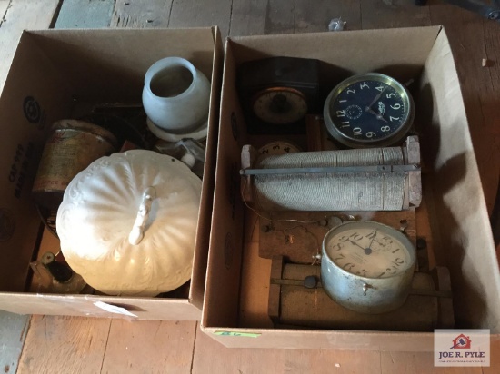 Two boxes vintage clocks, pottery, etc.