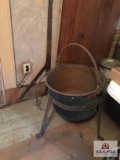 Copper kettle, stand, and fireplace crane
