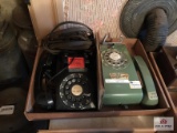 Tray two vintage telephones and a phone pamphlet