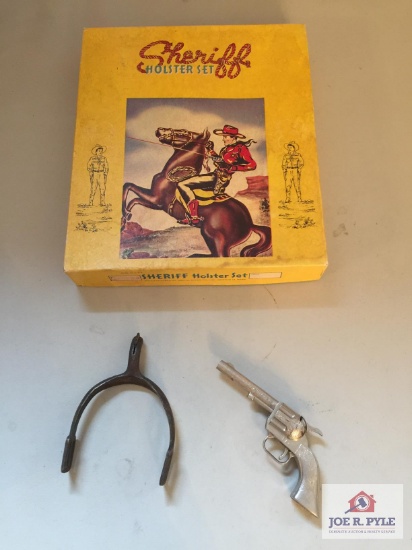 1950's Sheriff Holster Set unused in original box, small Hubley cap gun, and one (1) spur