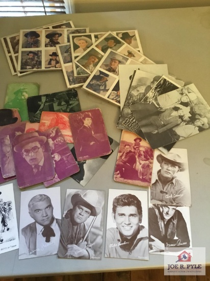 Lot vintage lobby hand out cards: Bonanza stars, Chuck Conners, James Arness, Harold Lloyd, etc.