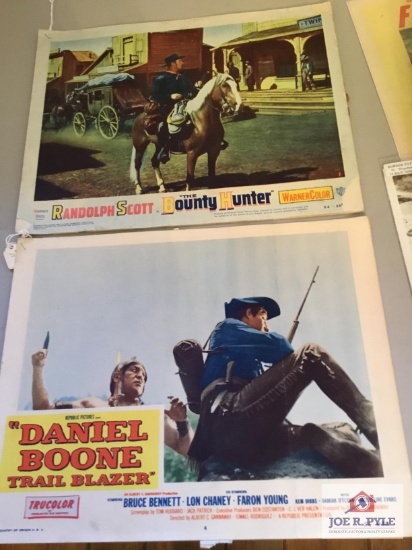 Lot vintage movie lobby cards: Daniel Boone Trail Blazer, and Randolph Scott Bounty Hunter