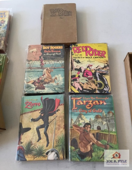 Lot five (5) vintage books, Roy Rogers, Red Ryder, Zorro, Tarzan