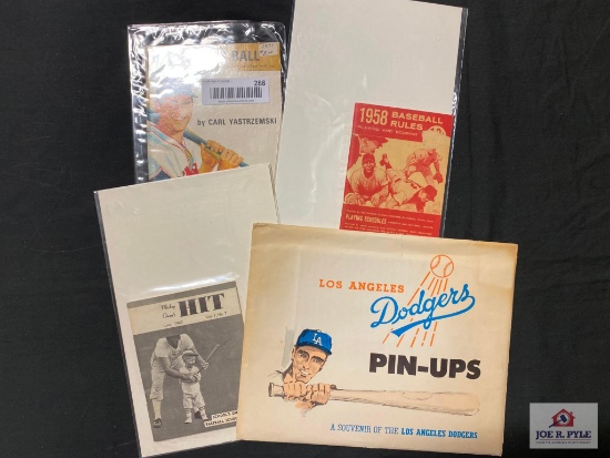 Lot: 1958 Baseball rules book, 1963 Mickey Owens Hit book, 1960's LA dodger pin set, 1971 Play Ball
