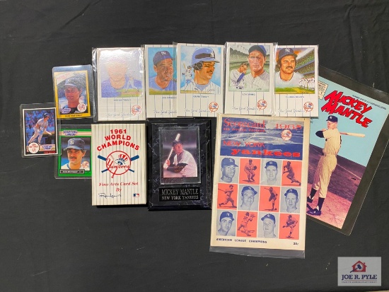 Mickey Mantle & N.Y. Yankees lot: Mantle plaque, Don Mattingly cards, postcards, Ron Lewis fine arts