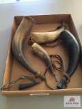 Lot early cattle horn powder horns