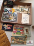 Lot of vintage paper: advertising blotters, post cards, kids paper books, etc.