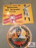 Two (2) Selz Shoes and Louisville Slugger baseball theme metal signs