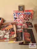 Michael Jordan lot: plaque, puzzles, collectible tin with cards, coins, magazines, etc.