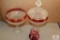 Ruby trimmed pedestal candy dishes and small pilgrim glass vase