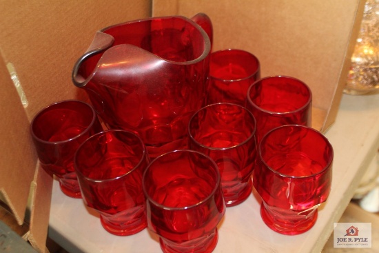 Vintage ruby glass pitcher and glasses