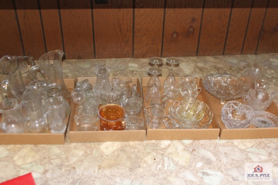 Large group of pressed glass items, sugars, creamers, bowls and glasses