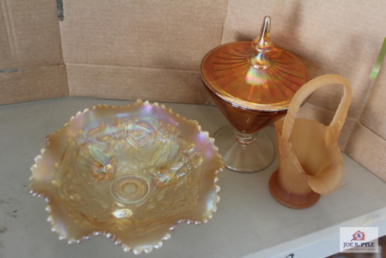 3 carnival glass pieces