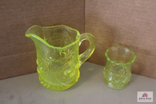 Small Vaseline glass pitcher and toothpick holder