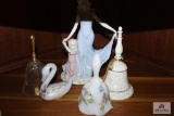 s. Miller hand painted Fenton bell,1989 Fenton swan and statue