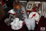 Cardinal collection of cups, glasses, table runners, wooden purse