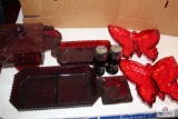 Ruby glass Salt and pepper, butter, candy and relish dishes