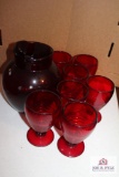 Ruby glass pitcher and glasses