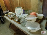 Hull covered bowl, Pyrex, Avon and brass items