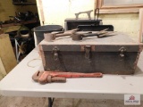 Iron kettle, shears, wooden box