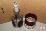 Vintage ruby over clear carafe and vase