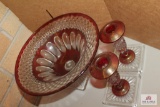 Cranberry bowl and candle holders