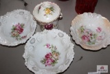 Vintage decorated bowls and cracker jar