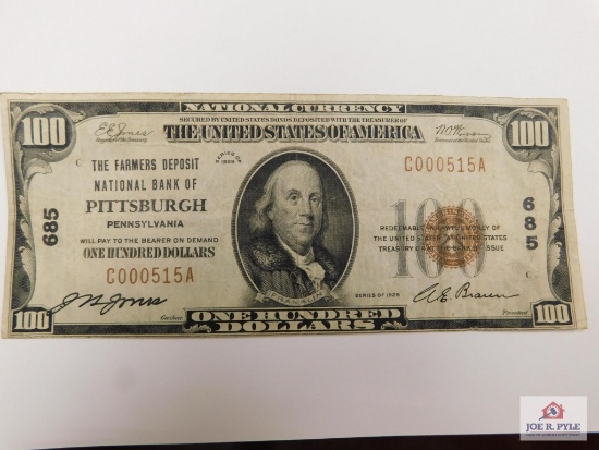 1929 Brown Seal $100 Serial #C000515A side stamped 685 Pittsburgh National