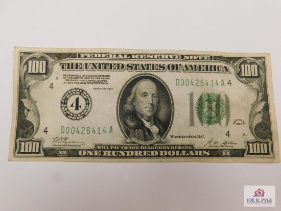 1928 $100 Bill Serial #D00428414A Federal Reserve Note