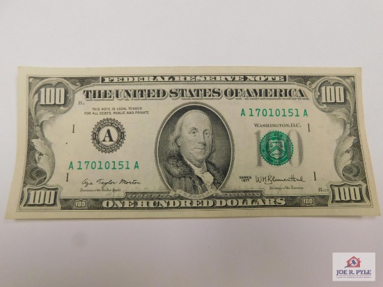 1977 $100 Serial #A17010151A Federal Reserve Note