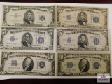 Two $10 Silver Certificates, Four $5 Silver Certificates