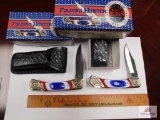 2 Uncle Sam folding Knives w/ carved leather sheaths & boxes