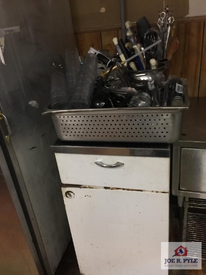 Metal cabinet and contents, knives, and stainless utensils
