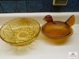 Amber glass chicken on a nest and bowl